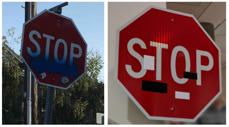 Left: A graffitied stop sign | Right: An adversarial stop sign